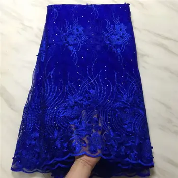 

2019 Hot Sale Royal blue Embroidered African Lace Fabric High Quality With Rhinestone French Net Guipure Lace Fabric