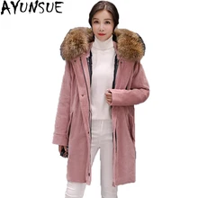 Новые зимние пальто Пуховое пальто вельвет реального енота меховой воротник с капюшоном зимние Пуховики и парки для мужчин Для женщин съемный вкладыш casacos st361