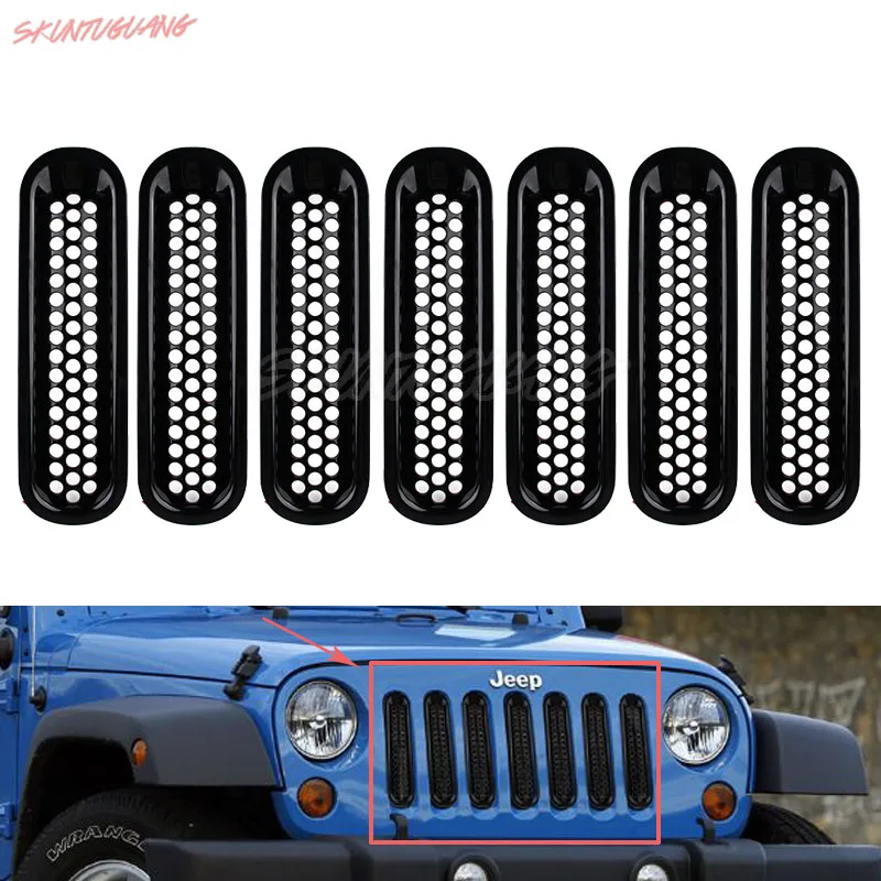 

7PCS Black ABS Mesh Front Grille Trim Cover Car Racing Grille For Bumper Jeep Wrangler JK 2007-2015