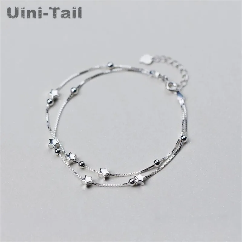 

Uini-Tail 925 sterling silver round bead five-pointed star double bracelet Korean version of the simple wild fresh hand jewelry