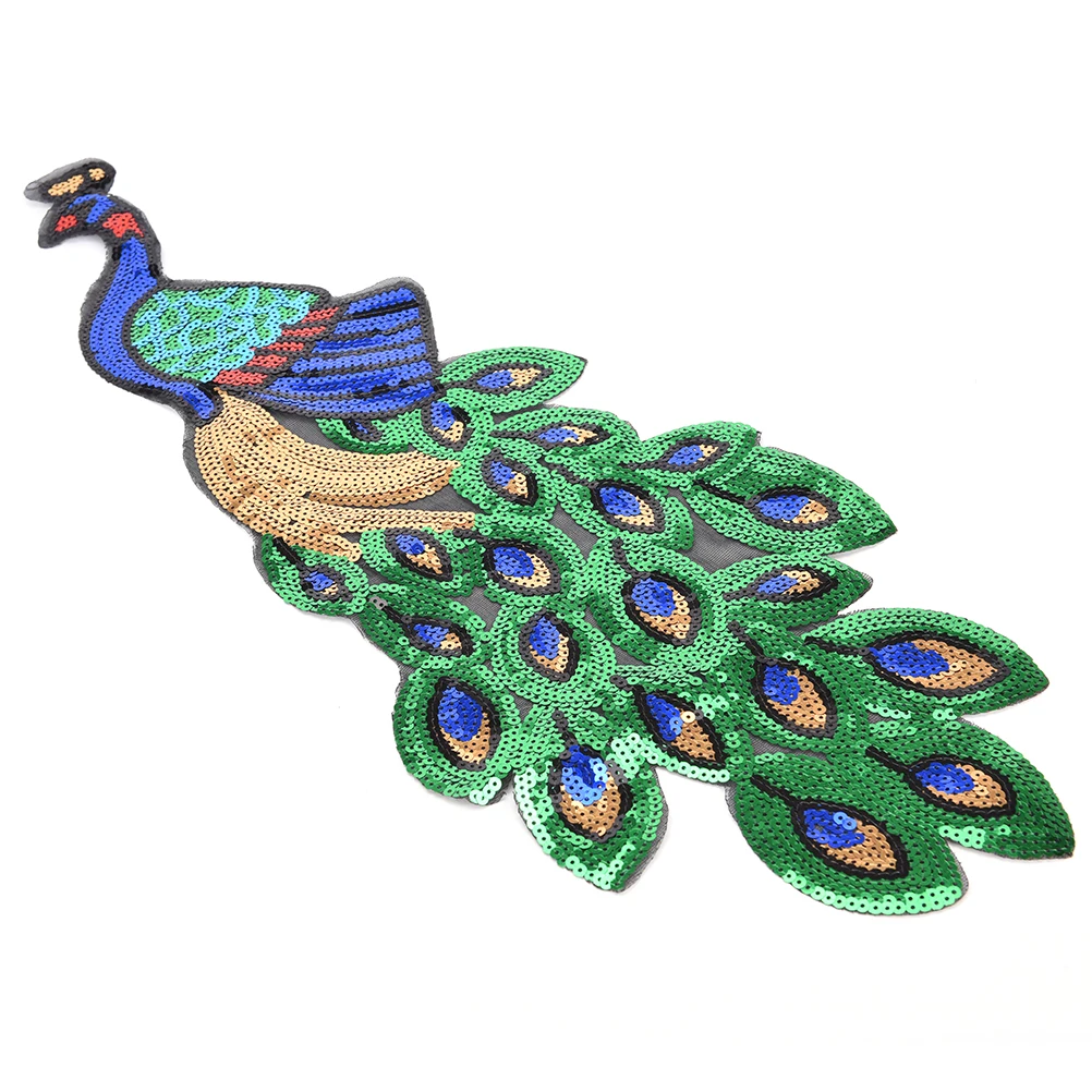 1PCS DIY Colorful Sequin Peacock Patch Embroidered Large applique patch