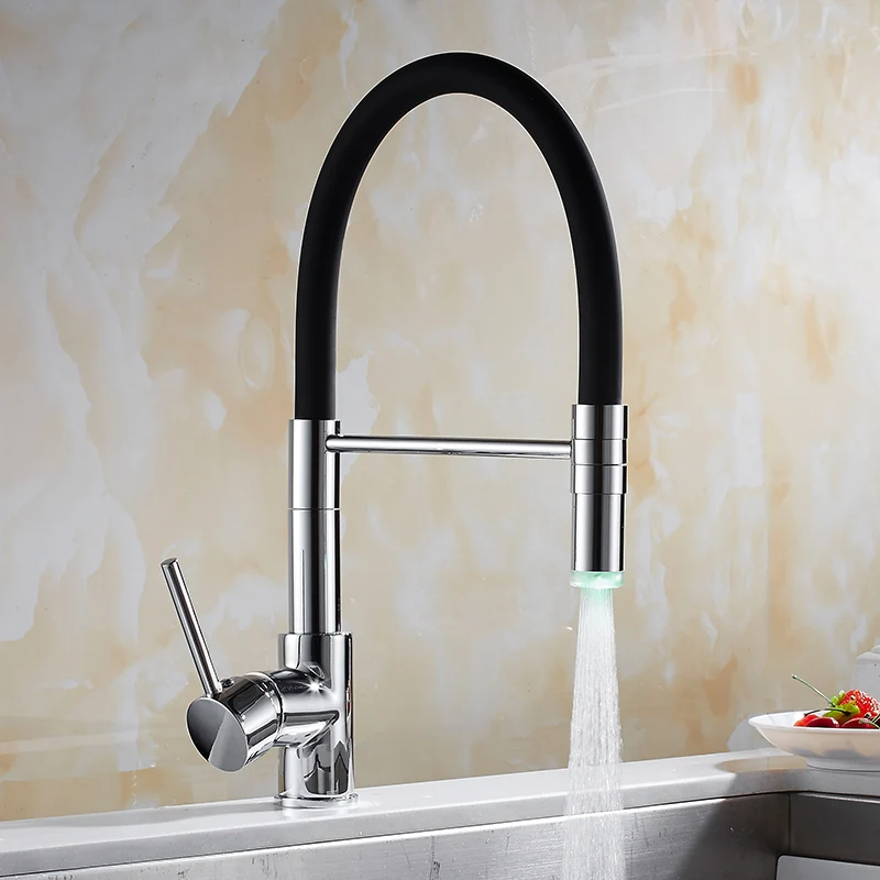 

LED Kitchen Faucets with Rubber Design Chrome Mixer Faucet for Kitchen Single Handle Pull Down Deck Mounted Crane for Sinks