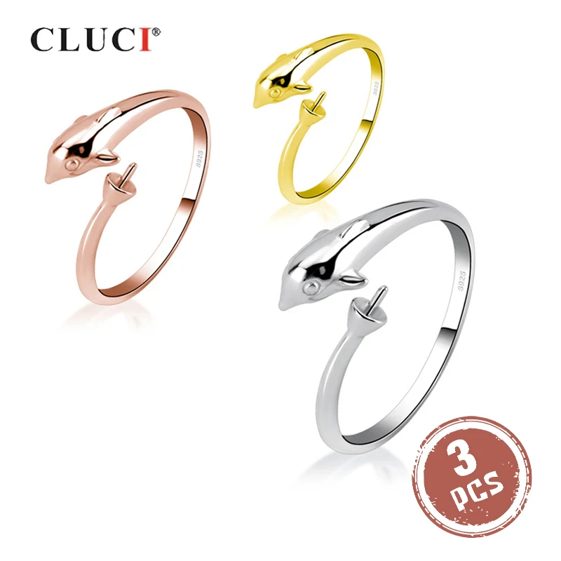 

CLUCI 3 шт 925 Серебряные кольца с милым дельфином для женщин ювелирные изделия Серебро 925 регулируемое кольцо с жемчугом крепление SR2002SB