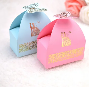 

100pcs Pink Blue Red Butterfly Style Bride & Groom Wedding Favors Candy Boxes Party Chocolate Gift Box Giveaways Box Bomboniera
