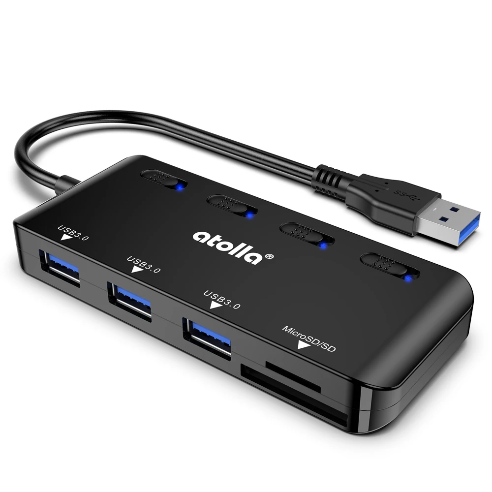 Atolla USB 3,0 концентратор, 3 порта концентратор данных адаптер с SD/TF кард-ридер ультра тонкий USB дистрибьютор с одним переключателем и светодиодный - Цвет: Черный