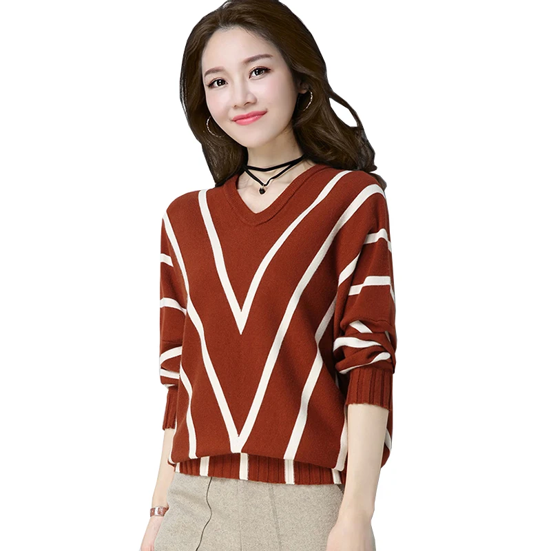 2018 New Women's Autumn Fashion Striped V-neck Sweater pullover loose large size Long sleeve knitted sweater Tops Female YM985 | Женская