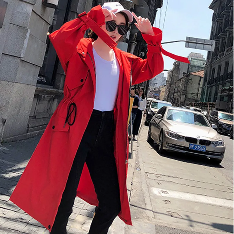 

2019 Korean Loose Long Windbreaker Women Drawstring Slim Large Size Lady Spring Autumn Fashion Full Sleeve Hooded Trench Coats