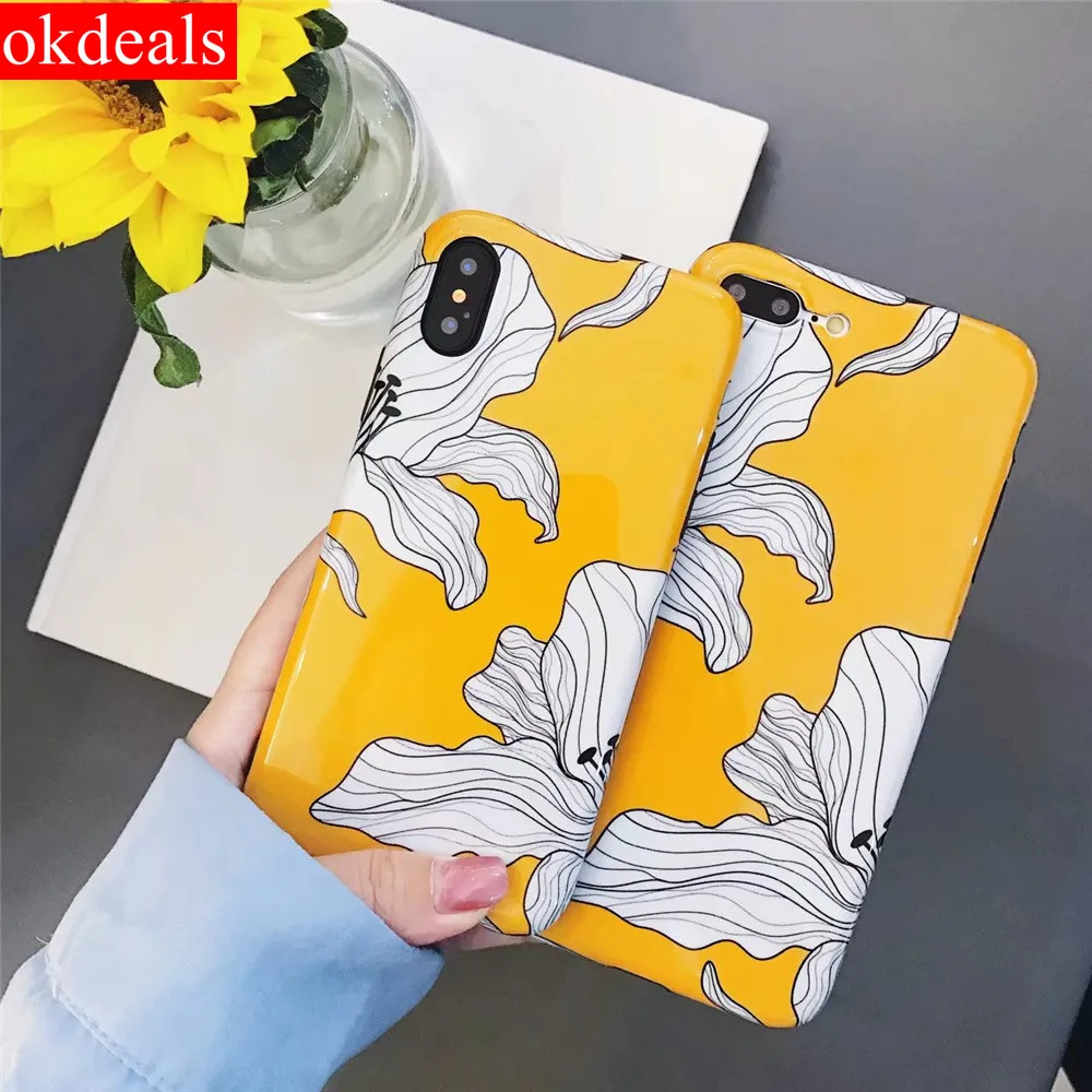 

New Fashion Yellow Flowers Mobile Case for Iphone X 6 6s plus Case Glossy Soft IMD Silicone Back Cover for Iphone 7 8 Plus Cover