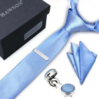 

High Quality Light Sky Blue Necktie Set with Tie Clip & Pocket Square and Button Cover Cufflinks for Wedding Party
