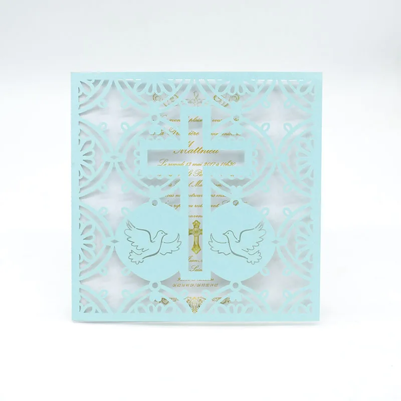 Полый лазерный разрез крест картонная визитная карточка Свадьба крещение ребенок душ поздравительная открытка - Цвет: light blue