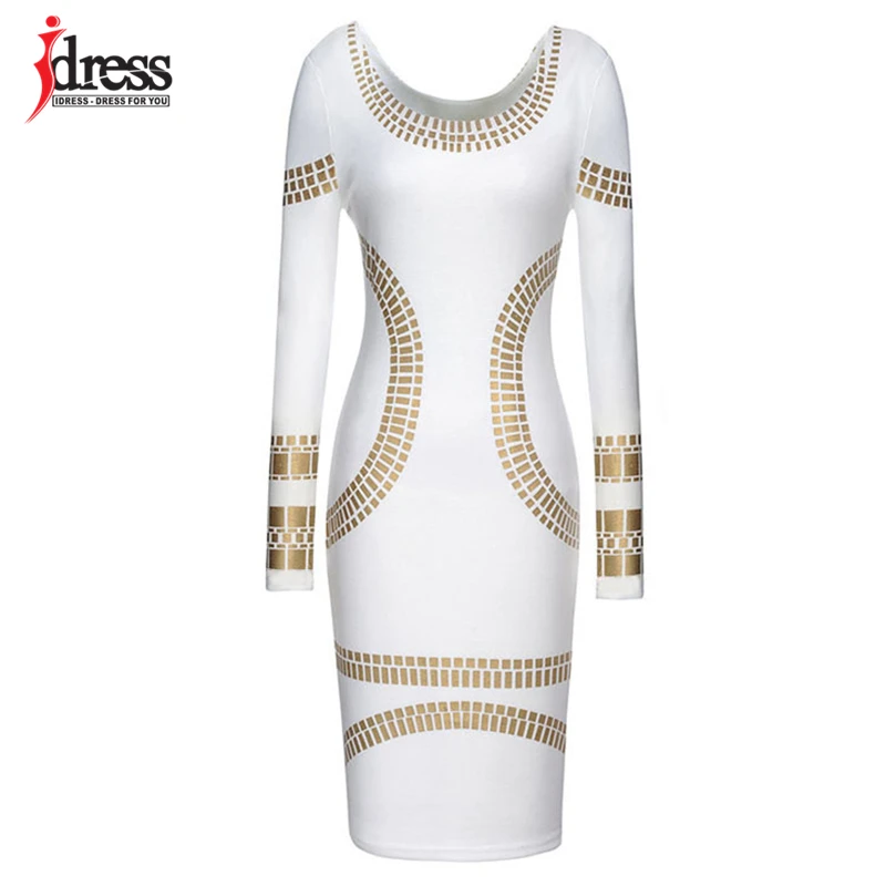 IDress Classic Style Women Gold Printing Bodycon Dress Elegant Ladies Casual Black White Long Sleeve Dress 2017 Winter Autumn (5)