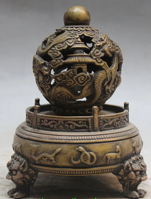 

7" Chinese Bronze Dragon Play Bead Animal Lion Head Beast Rotate FengShui Ball S0706