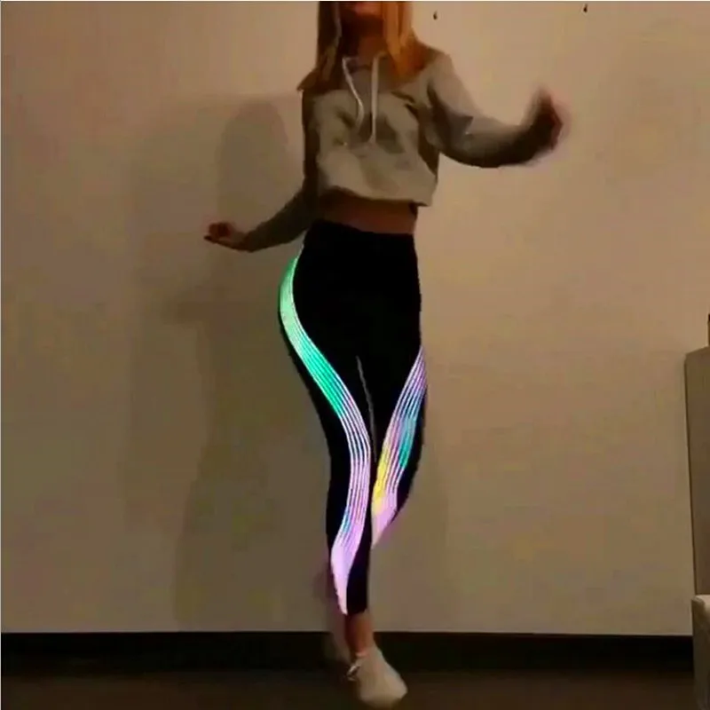 

Reflective Leggings Glow in the Dark Night Light Side Stripes Shiny Sports Yoga Pants Dancing Tights Sportswear for Women Female