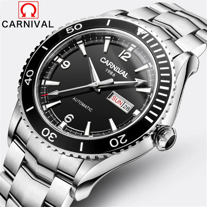 

Carnival New Diving series Watch Men Stainless Steel Automatic Machine Date Week Luxury Luminous Wristwatch Mens Clock Relogios