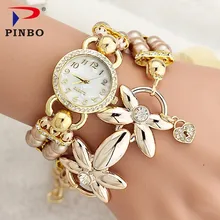 Горячая Леди Роскошный белый цветок браслет часы женские модные жемчужные кварцевые наручные часы Relogio Feminino PINBO