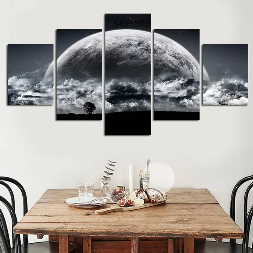 Modular Canvas Print Picture Home Decor 5 Moonlight in Cloud Sea Painting Planetary Wall Art Tree Shadow Poster Frame | Дом и сад
