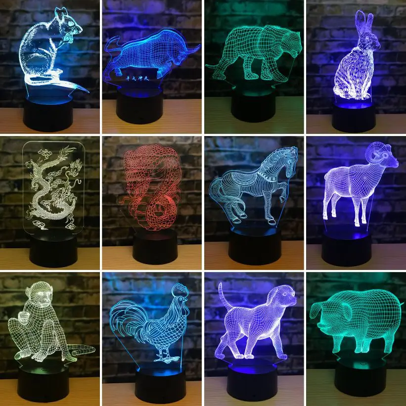  Twelve Zodiac Mouse 3d Lamp Tiger Rabbit Dragon Snake 3d Led Lights Horse Sheep Monkey Chicken Dog  - 32974373273