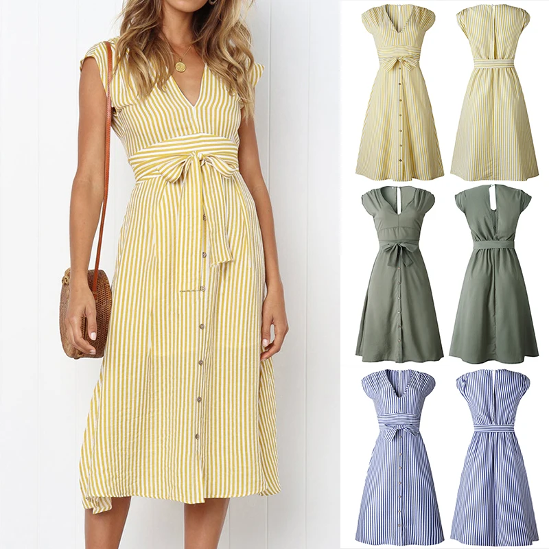 Women's Striped Mid-Calf Dress New Fashion Button Sexy V-Neck Short Sleeve Dresses Vestidos Female Casual Daily Party Sundress
