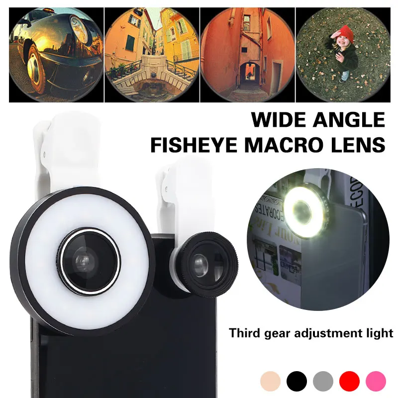 

6 in1 Multifunction Phone Selfie Ring Flash Adjustment Light + 185 Degree Fisheye lens + Wide Angle Macro Lens 10X Macro Set