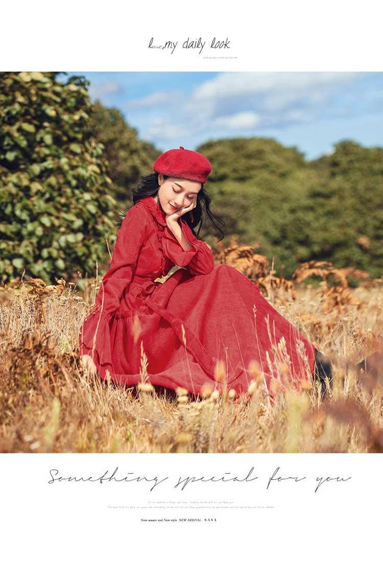Винтажное красное вельветовое ТРАПЕЦИЕВИДНОЕ длинное платье-рубашка, Осень-зима, женское платье с рюшами и воротником, ретро средневековое большое свободное платье с поясом