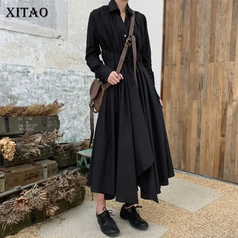 

XITAO Pleated Waist Midi Dress Women Turn Down Collar Button Wild Joker Drawstring Korea Fashion 2019 Autumn Elegant WLD1758