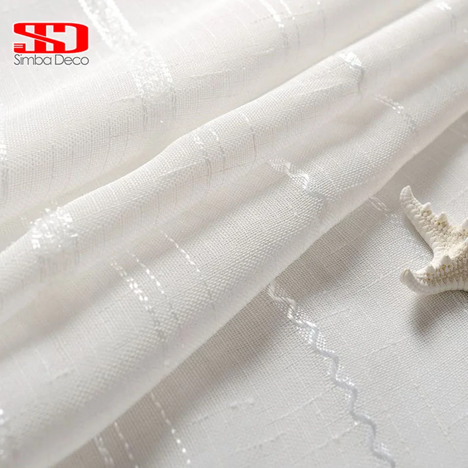 

White Voile Window Tulle Curtains For Living Room Silk Thread Striped Linen Sheer Curtain For Bedroom Custom Size Panel Kitchen