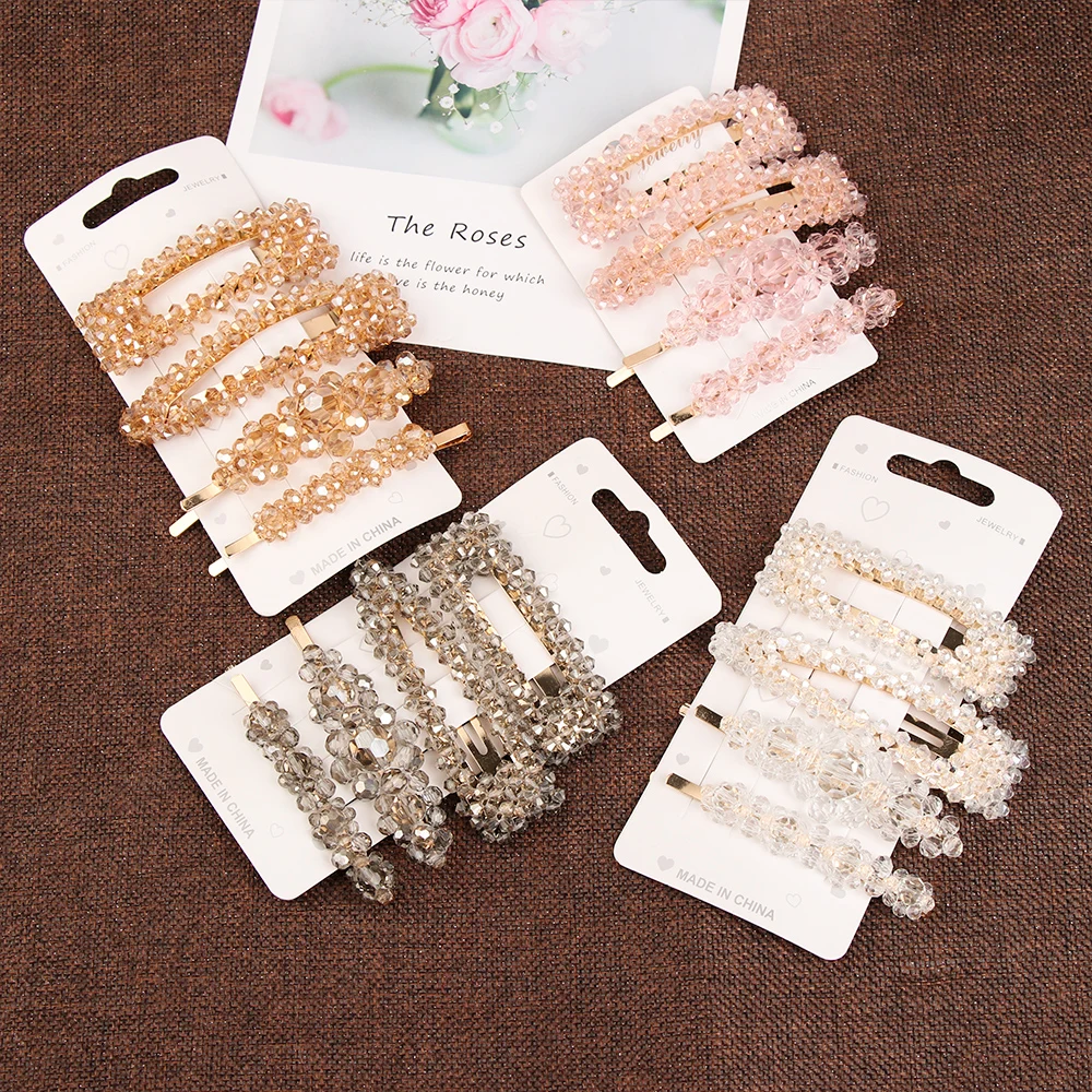 

2019 4PCS/Set Fashion Crystal Pearl Hairpin Barrettes Hairgrip Geometricr Red Color Hair Clip Metal Hair Accessories For Women