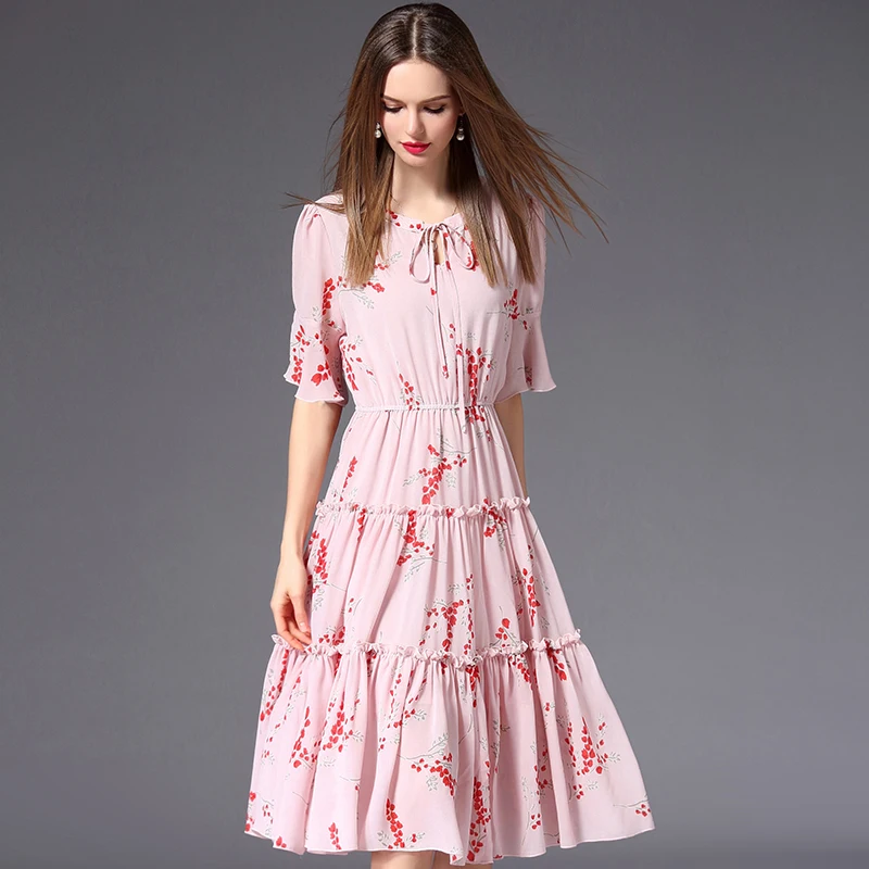 long dress woman Pink Print Cake Dress Bell Sleeve Dress Waist Chiffon ...