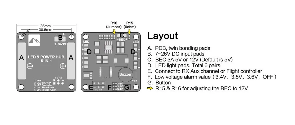 PDB распределительная плата питания BEC-5V/12 В 3A и сигнал потери сигнализации Quadcopter Finder с 2-6 S липо низкий зуммер напряжения F16891