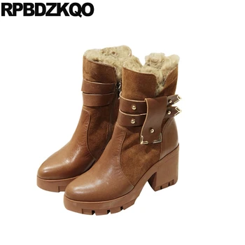 

round toe shoes suede block black short brown genuine leather high heel pointed ankle women boots winter 2018 chunky fur quality