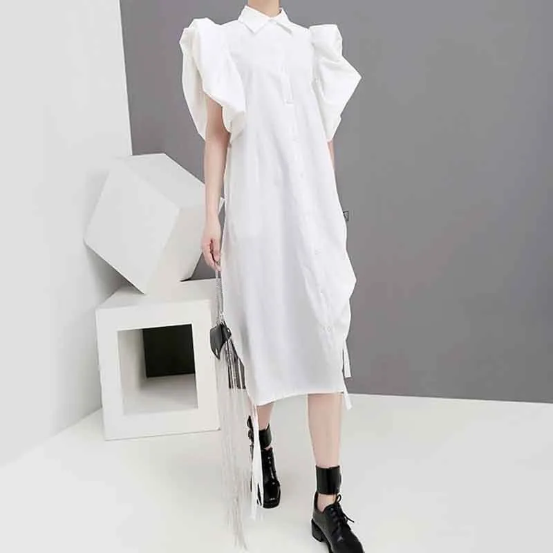 

[YaLee] New Fashion 2019 Summer Simple Lapel Single Breasted Butterfly Sleeve Two Side Pulling Rope Loose Dress Women A352