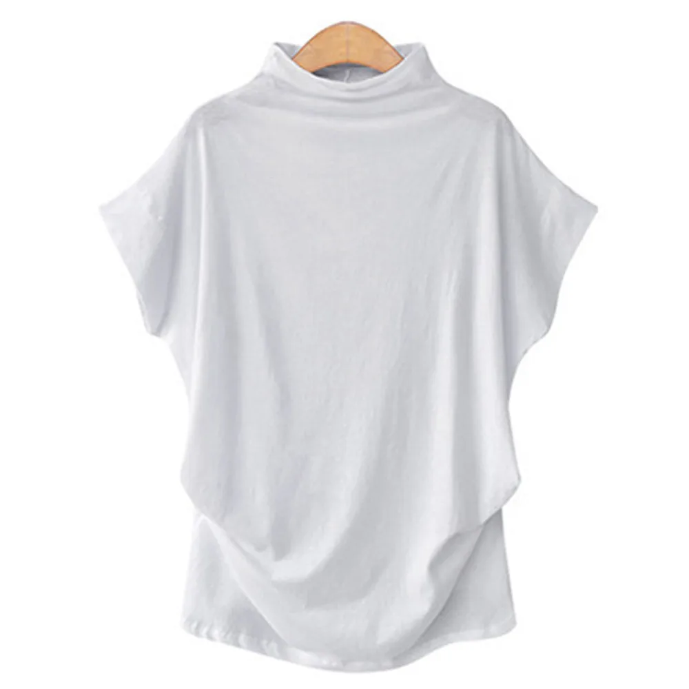 Женская Однотонная футболка с высоким воротником, топы, женская футболка, хлопковая Повседневная футболка для девушек, модная футболка с коротким рукавом размера плюс haut femme