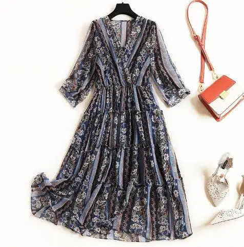 

Summer elastic waist contrast color striped flower pattern printed chiffon dress with a two-piece strapT3634