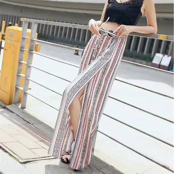 

Bohemia Wide Leg Pants Women Casual High Waist Split Pants Women Elegant Summer 2020 Holiday Beach Stripe Trousers Female A5457