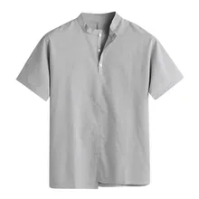Модная новинка, мужская рубашка Camisa Masculina, высокое качество, мужские мешковатые хлопковые льняные однотонные топы со стоячим воротником и коротким рукавом, блузки