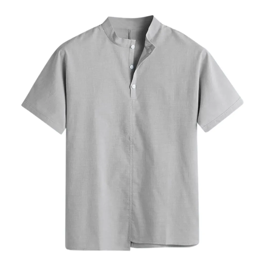 

Fashion 2019 New Men's Camisa Masculina High Quality Men's Baggy Cotton Linen Solid Stand Collar Short Sleeve Tops Blouses