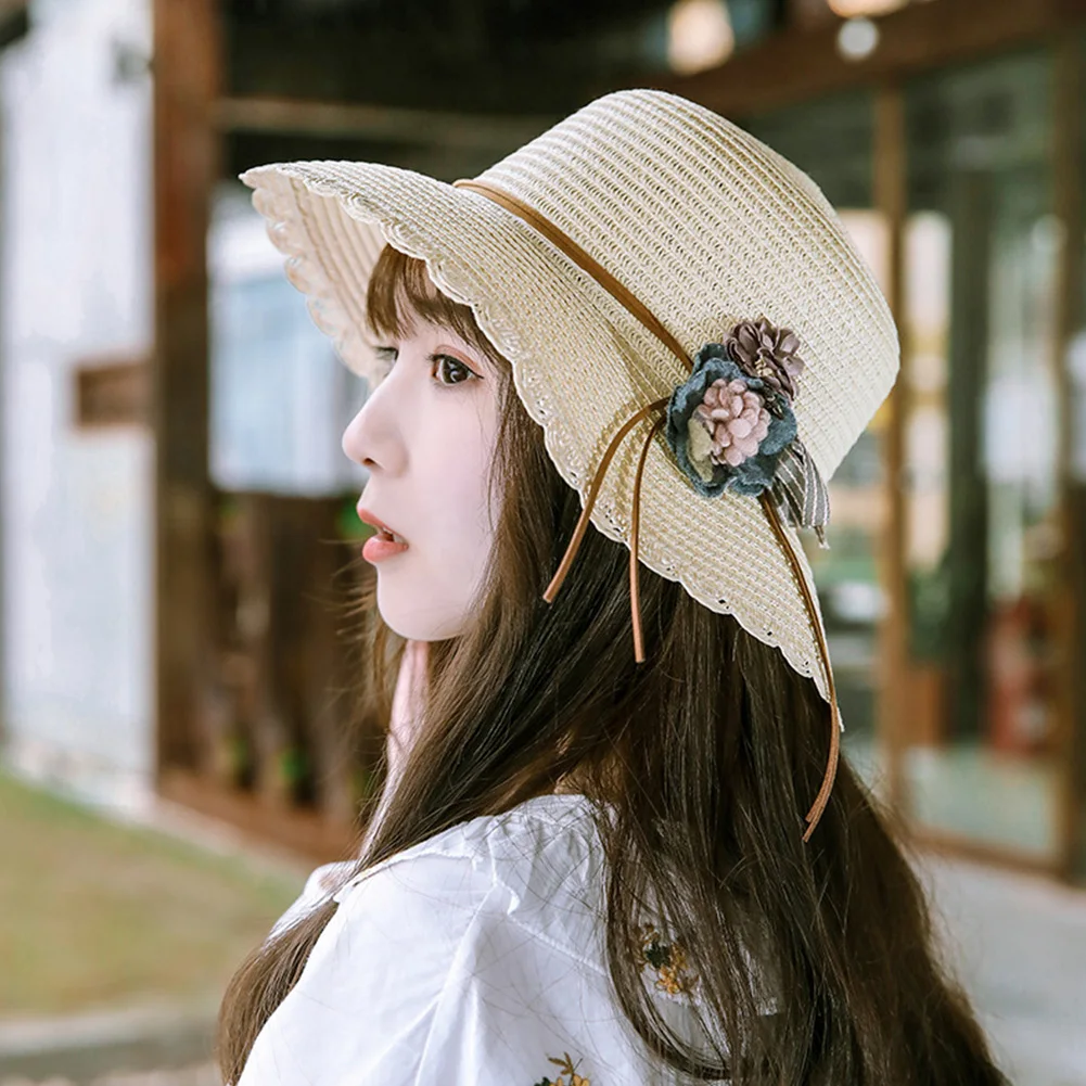 النساء هدية في الهواء الطلق طوي شاطئ كاب بسيطة الأشعة فوق البنفسجية حماية الجانب زهرة الحواف القش الصيف ظلة قبعة الشمس عارضة الأزياء