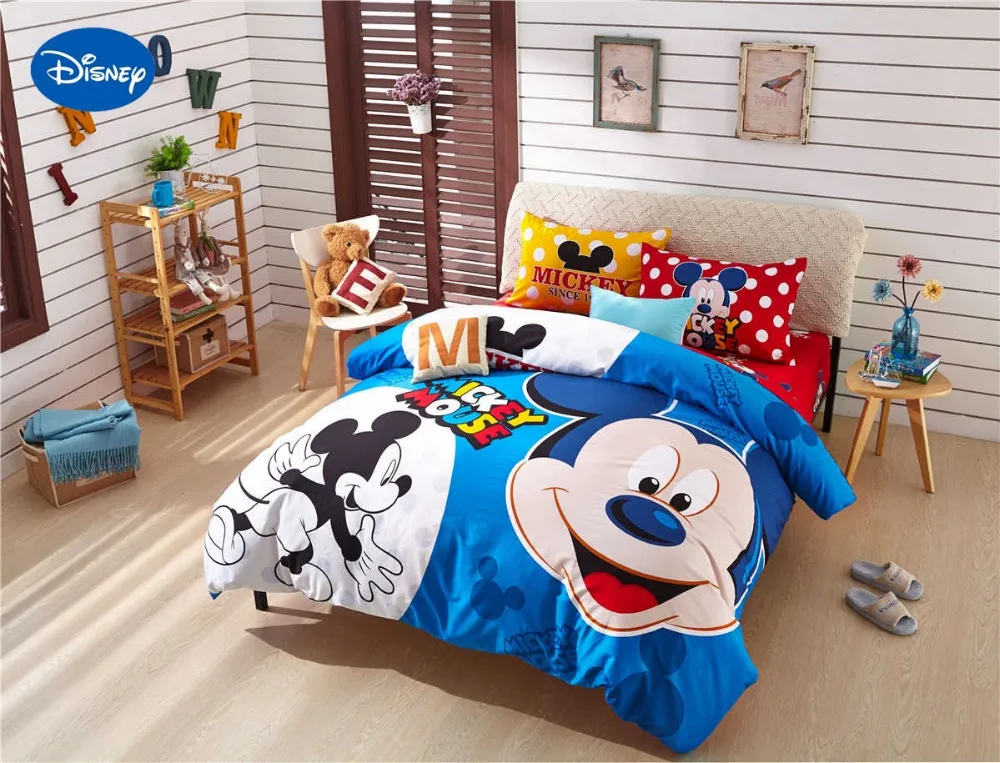 6668 24 De Réductiondessin Animé Disney Imprimer Ensemble De Literie Coton Rouge Bleu à Pois Mickey Mouse Couette Drap Housse De Couette Filles