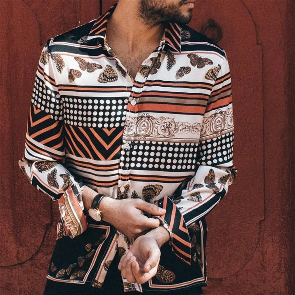 

Men Shirt Long Sleeve Polka Dot Striped Hawaiian Shirt Print Vintage Modis Streetwear Casual shirts men camisa masculina