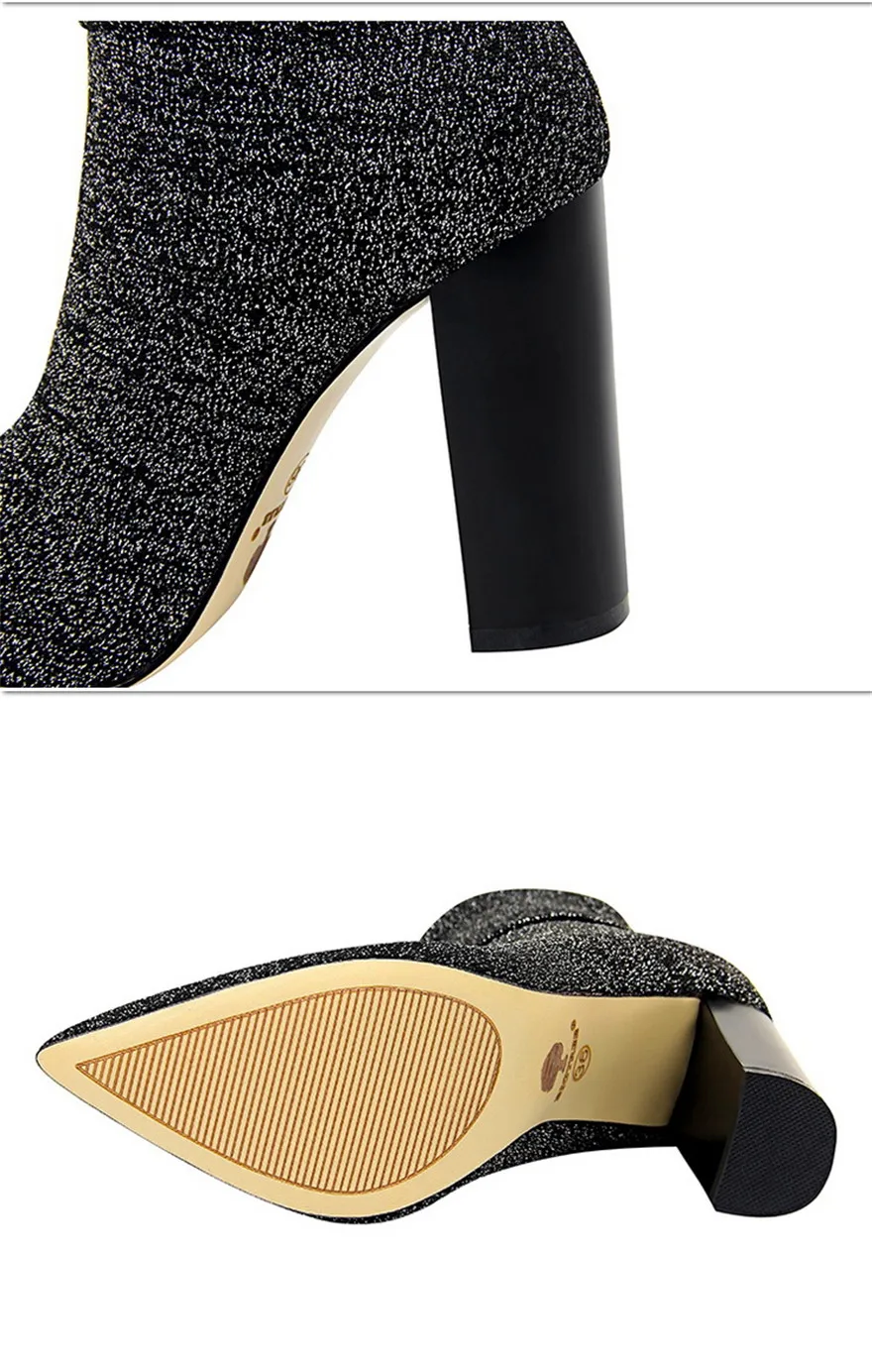 Осенние женские модные полусапожки; Мягкие вязаные женские сапоги на квадратном каблуке для вечеринок; женские туфли на высоком каблуке с острым носком; цвет черный, серебристый