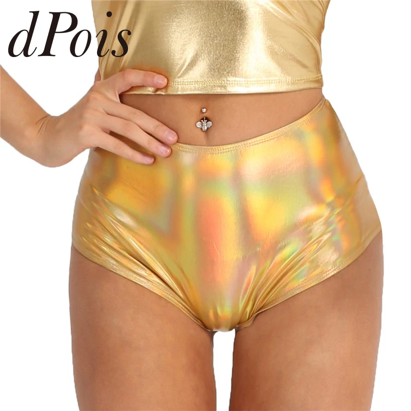 

Womens Shorts Shiny Metallic Patent Leather Back Zipper High Waisted Booty Shorts Brief Style Bottoms Dance Raves Swim Summer