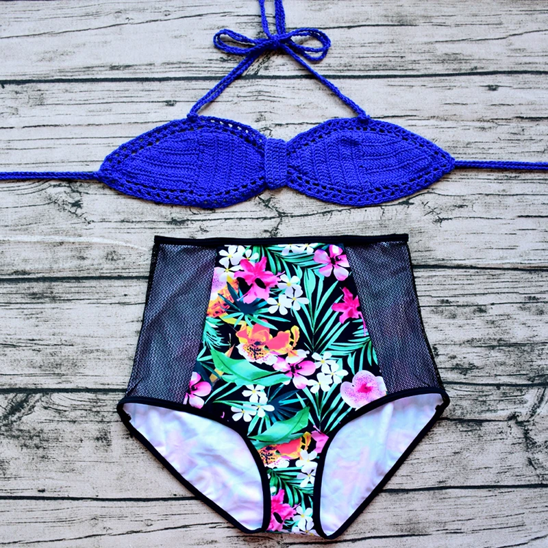 

2017 Bikini Women Sexy Halter Beachwear Summer Beach Push Up Sapphire Blue High Waist Bathing Bikini Outside Swimwear
