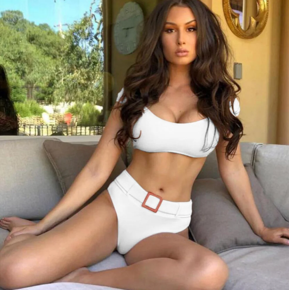

Ladies Short Sleeve bikini 2019 Buckle High Waist swimsuit Sexy bikini bathing suit White push up swimwear women