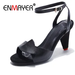 ENMAYER High heels sandals Fashion Woman Shoes Summer Causal Buckle strap sandals Spike heels Leather Shoes women Ruffles CR853 ENMAYER High heels sandals Fashion Woman Shoes Summer Causal Buckle strap sandals Spike heels Leather Shoes women Ruffles CR853