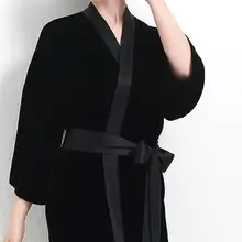 Весна и осень роскошный бархат плоский фланелет v-образный вырез воротник цвет блок женская параграф кимоно пижамы Ночная рубашка халат