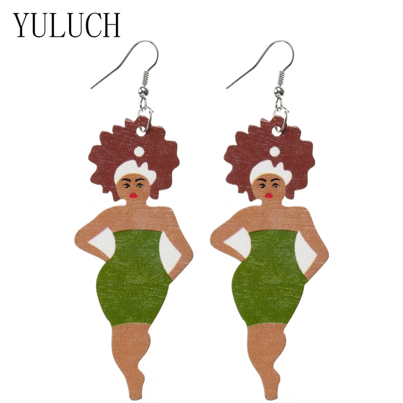

YULUCH African Lady Print Big Pendant Earrings For Woman Party Jewelry Natural Wood Simple Earring