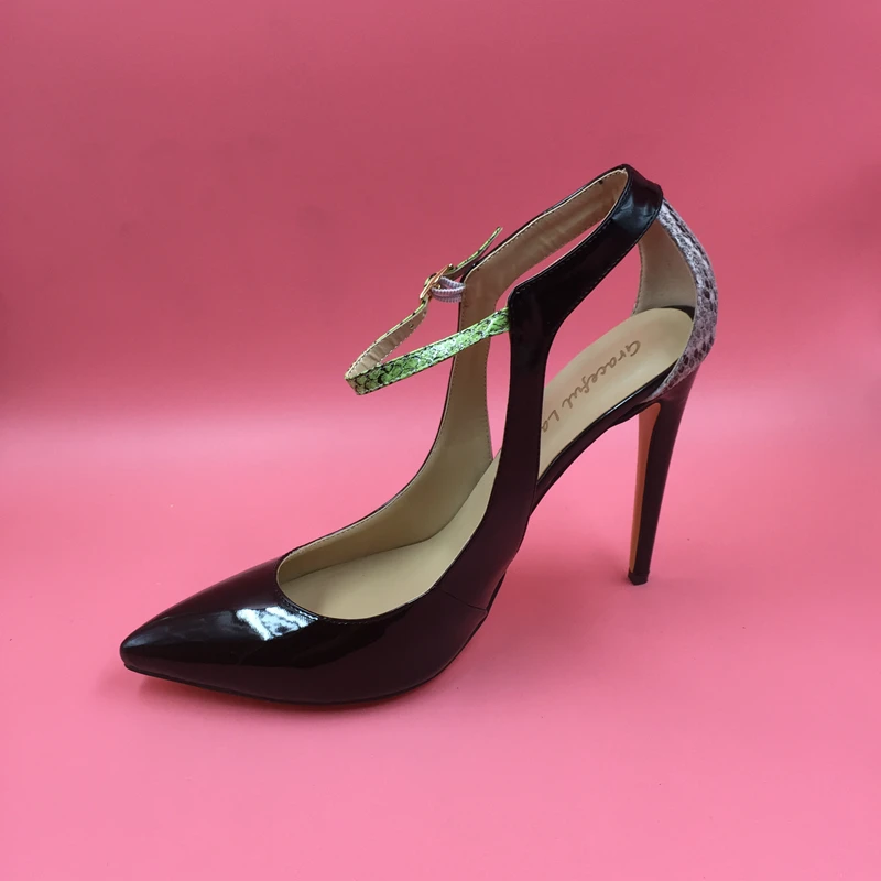 

Actual Photo OL Pump Shoes Stilettos Black Patent Leather Women Pumps Ankle Strap Pointed Toe High Heels Shoes Ladies Pump Shoes