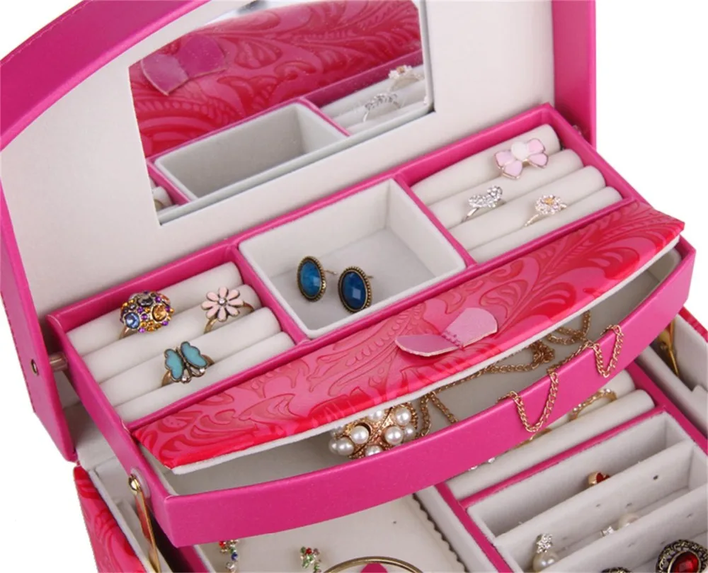 Большие коробки для ювелирных изделий и упаковки для девочек из искусственной кожи, органайзер, кольца, коробка с цветочным узором, 3 слоя, чехол для хранения, подарок, ROWLING