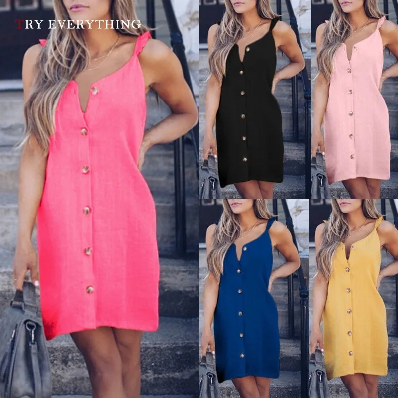 

Summer Beach Dress Women Sleeveless Spaghetti Strap Pink Cotton Short Dress Ladies V Neck Button Loose Casual Dress Summer 2019