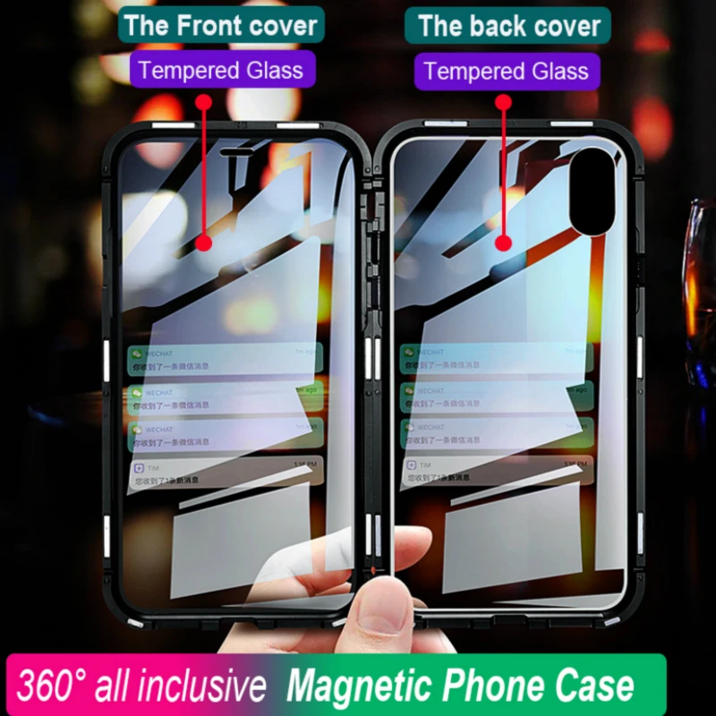 En Ligne De luxe en métal Double face en verre Magnétique étui pour iphone XS Max X 7 8 Plus 360 degrés Pleine couverture de protection Pour iphone 7 8 xr